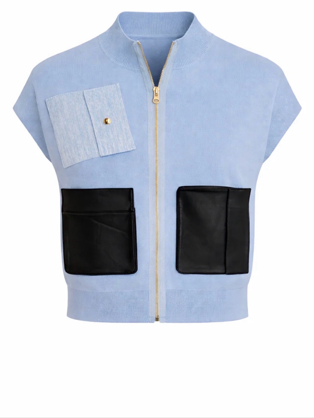 Aleeza Paris Light Blue Sleeveless Zip Vest with Black Pocket Panels